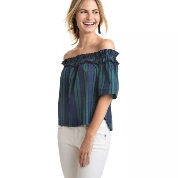 Vineyard Vines Blackwatch Plaid Off Shoulder Poplin Top - Picture 1 of 8